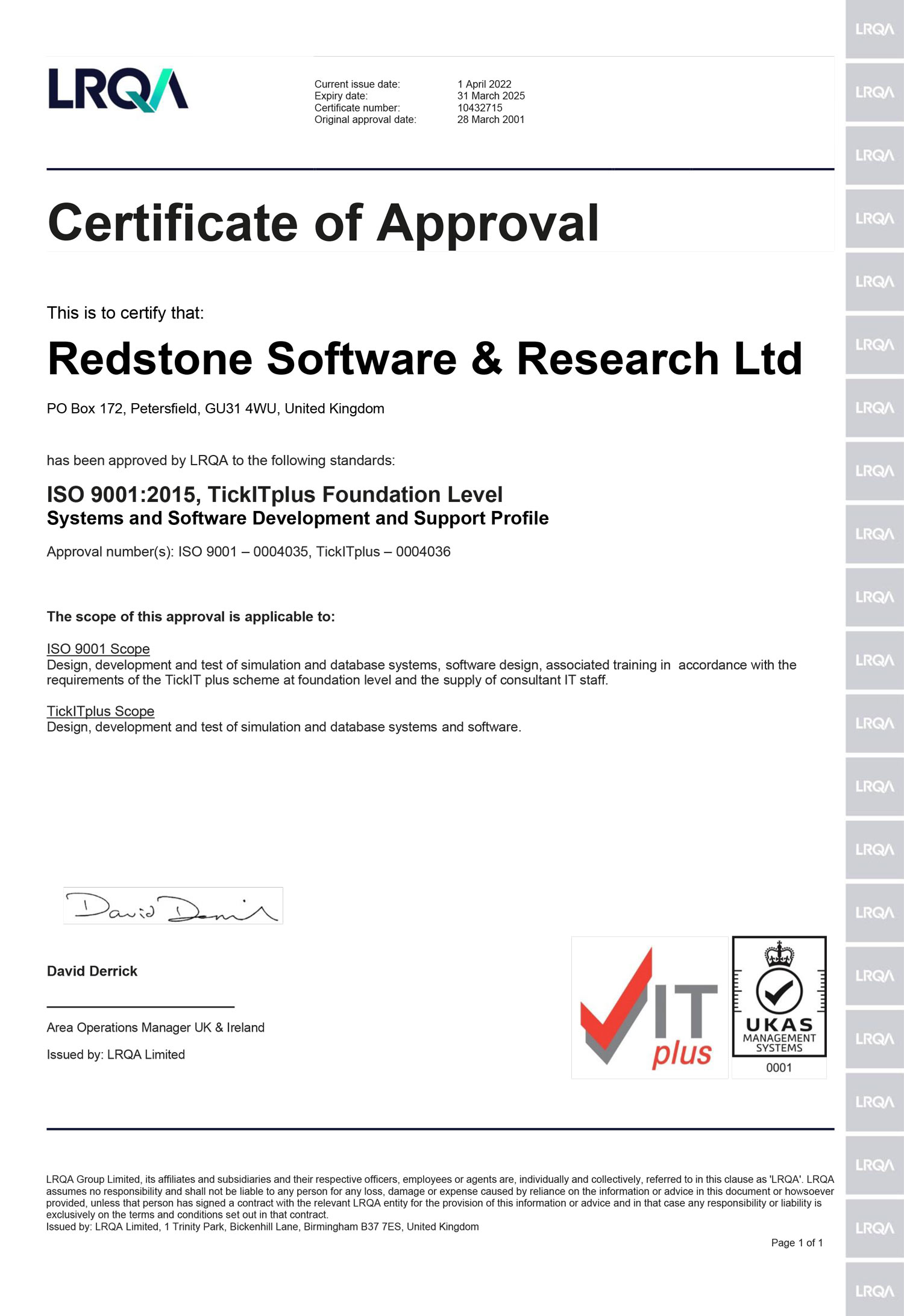 Redstone's ISO 9001 certificate